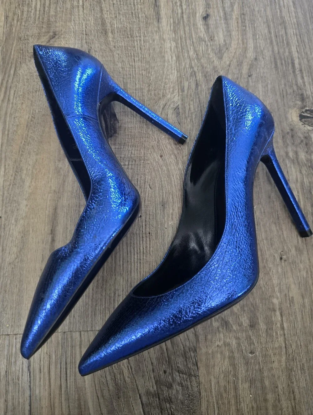 Saint Laurent Metallic Electric Blue Pointed-Toe Stilettos - Picture 2 of 6